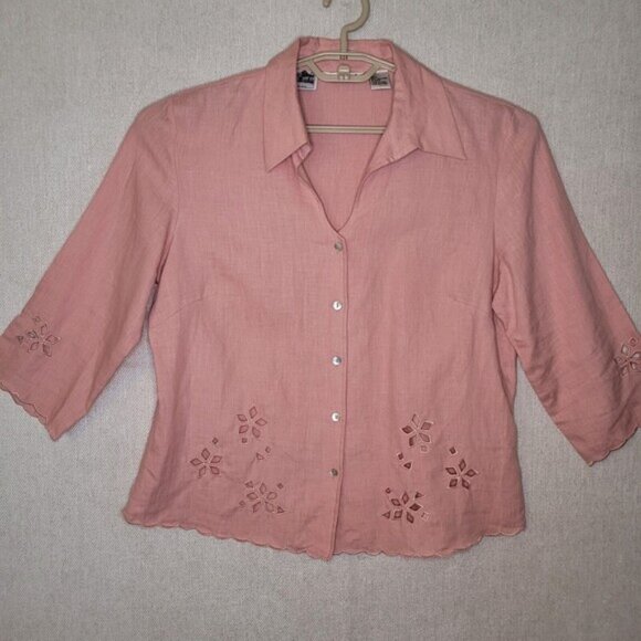 Richard Malcolm  Irish Linen V Neck Eyelet Button Blouse Women  Large Pink - Picture 1 of 13